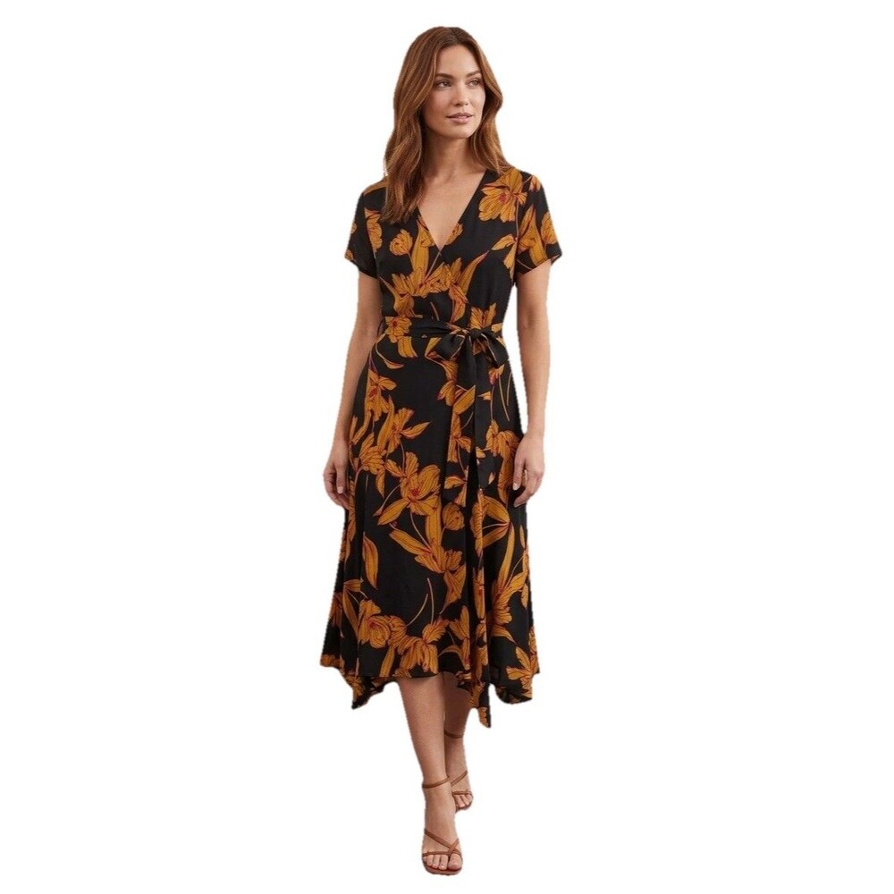 A.L.C. Women’s Sz 0 Black Gold Floral Silk Wrap Belt Midi Dress